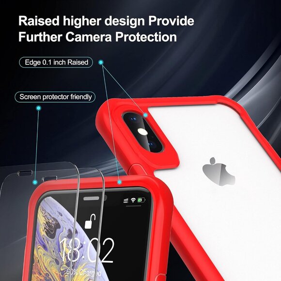 case for iPhone X/XS with 2 Tempered Glass Screen Protectors red and clear - Picture 3 of 7